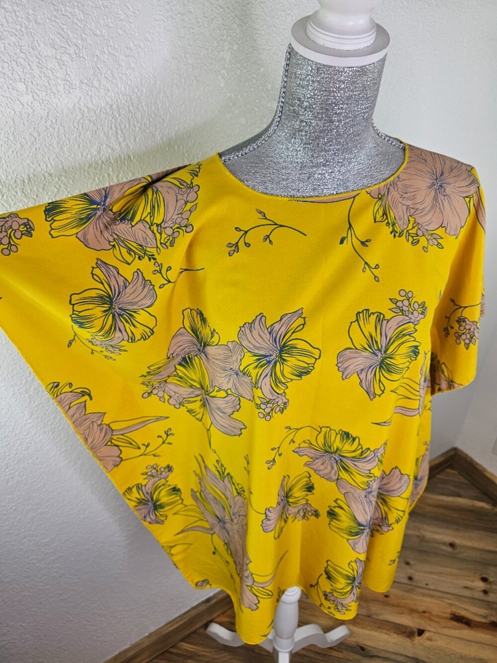 Satin Feel Blouse Hibiscus on Yellow Gold Background Size XL